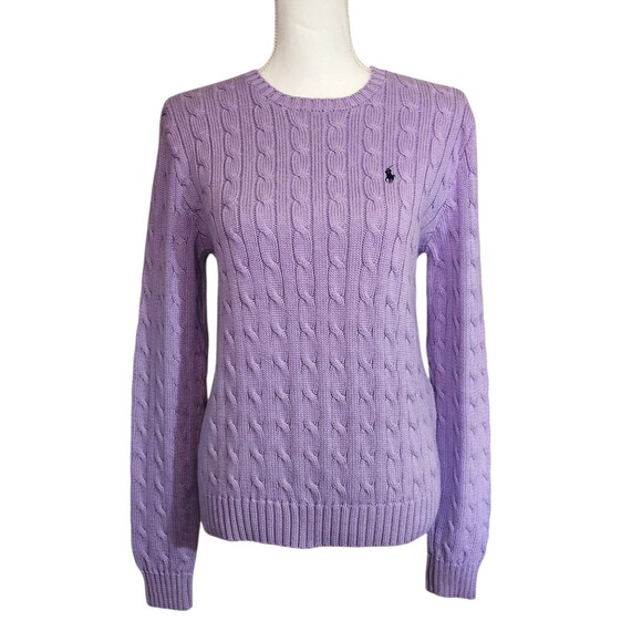Ralph Lauren Sweater Cable Knit Lavender Cotton Blue Pony Logo Womens Size Large - Picture 1 of 7